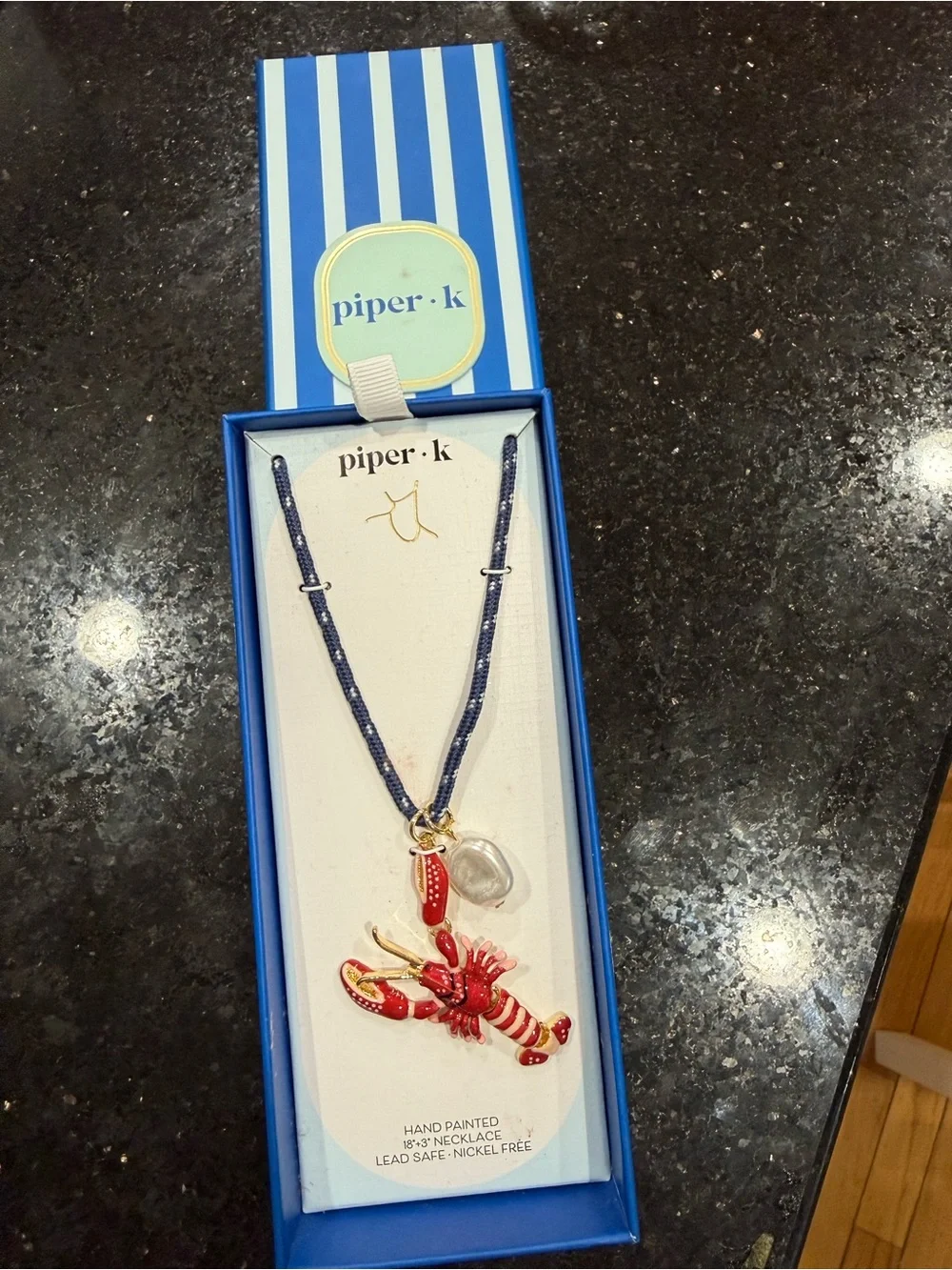 Piper·k Red Lobster Charm Necklace with Navy Cord and Faux Pearl